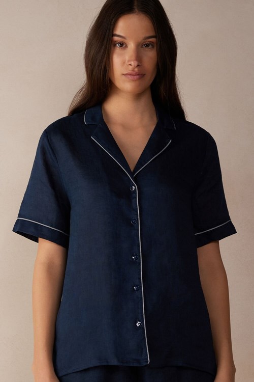 Intimissimi Yacht Night Linen Kort Sleeve Shirt Blauw Blauw | 63754RSCA
